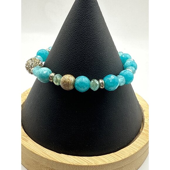 Turquoise Beaded Stretch Bracelet Gold Rhinestone Accent - Picture 5 of 5